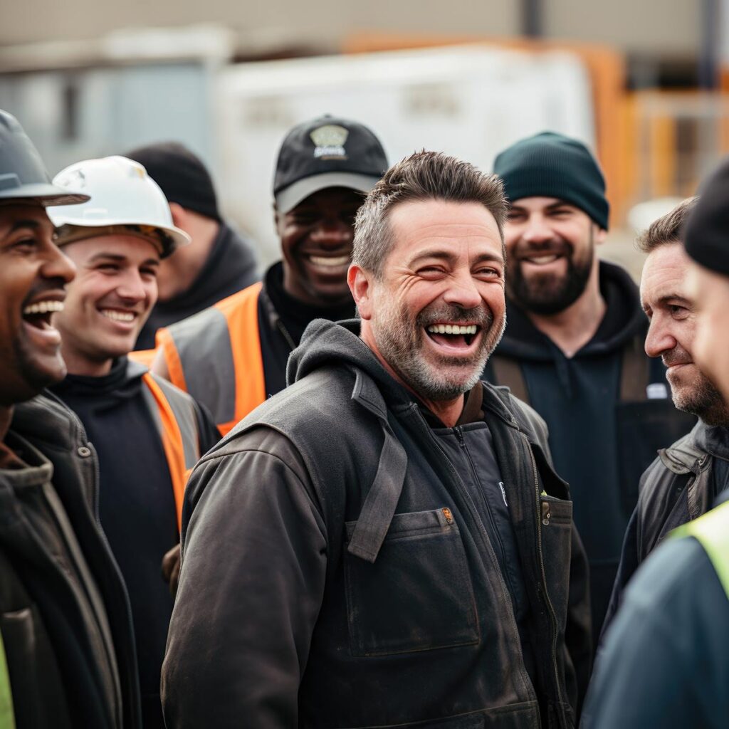 Home product manufacturing workers have fun and laugh together at work.